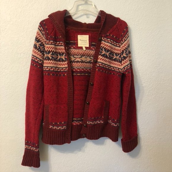 Heritage 1981 Sweaters - Heritage 1981 Red Fair Isle Hooded Cardigan Sweate